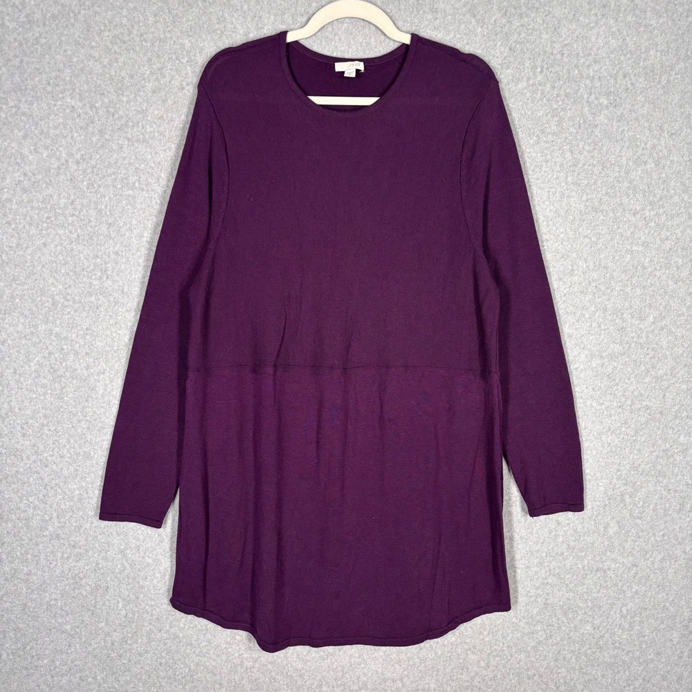J Jill Tunic Sweater XL Purple Wool Side Slit Artsy Flowy Thin Lagenlook Comfort